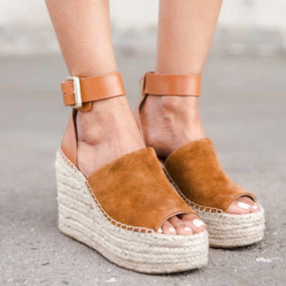 Marc Fisher Adalyn Espadrille Wedge Sandal Tan Saddle Sz 9 Suede Leather